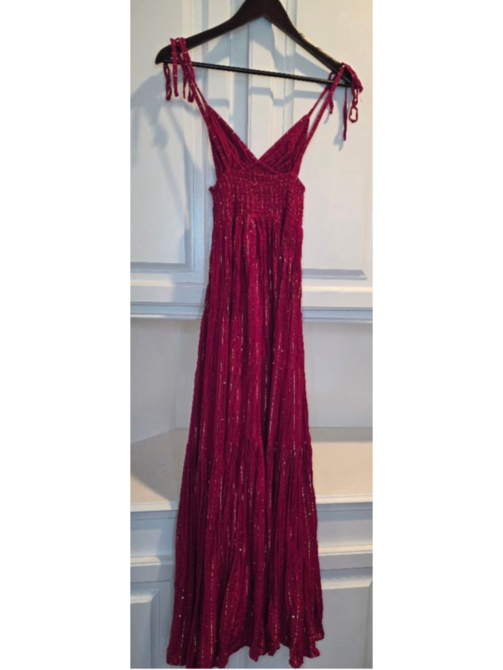 Sundress XS Red Gold Sequin Tie Strap Boho Resort Maxi Dress - Picture 6 of 11